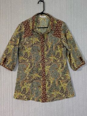 Batik Keris Button Down Shirt Womens XL Olive Green-Cinnamon